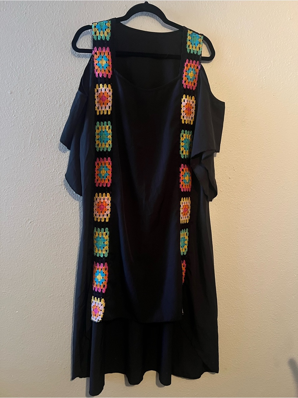 SHEIN Black Cold-Shoulder Tunic with Multicolor Crochet Panels